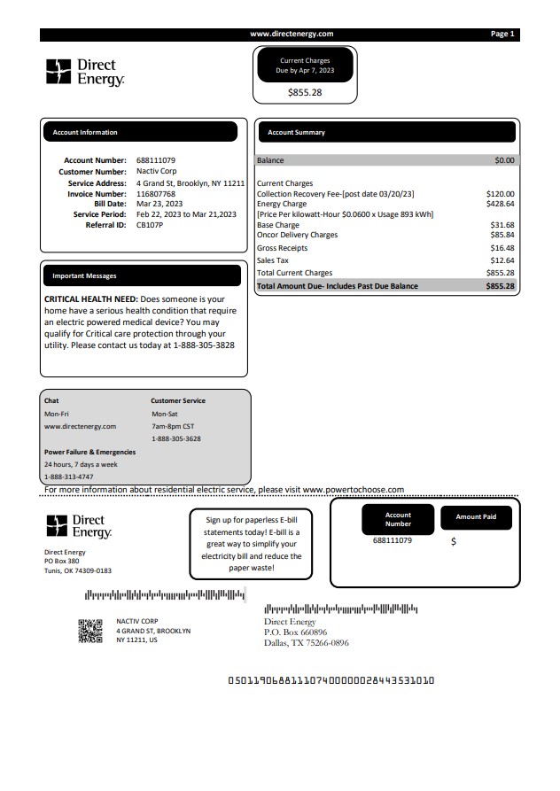 Texas Direct Energy utility business bill, Word and PDF template PSD template
